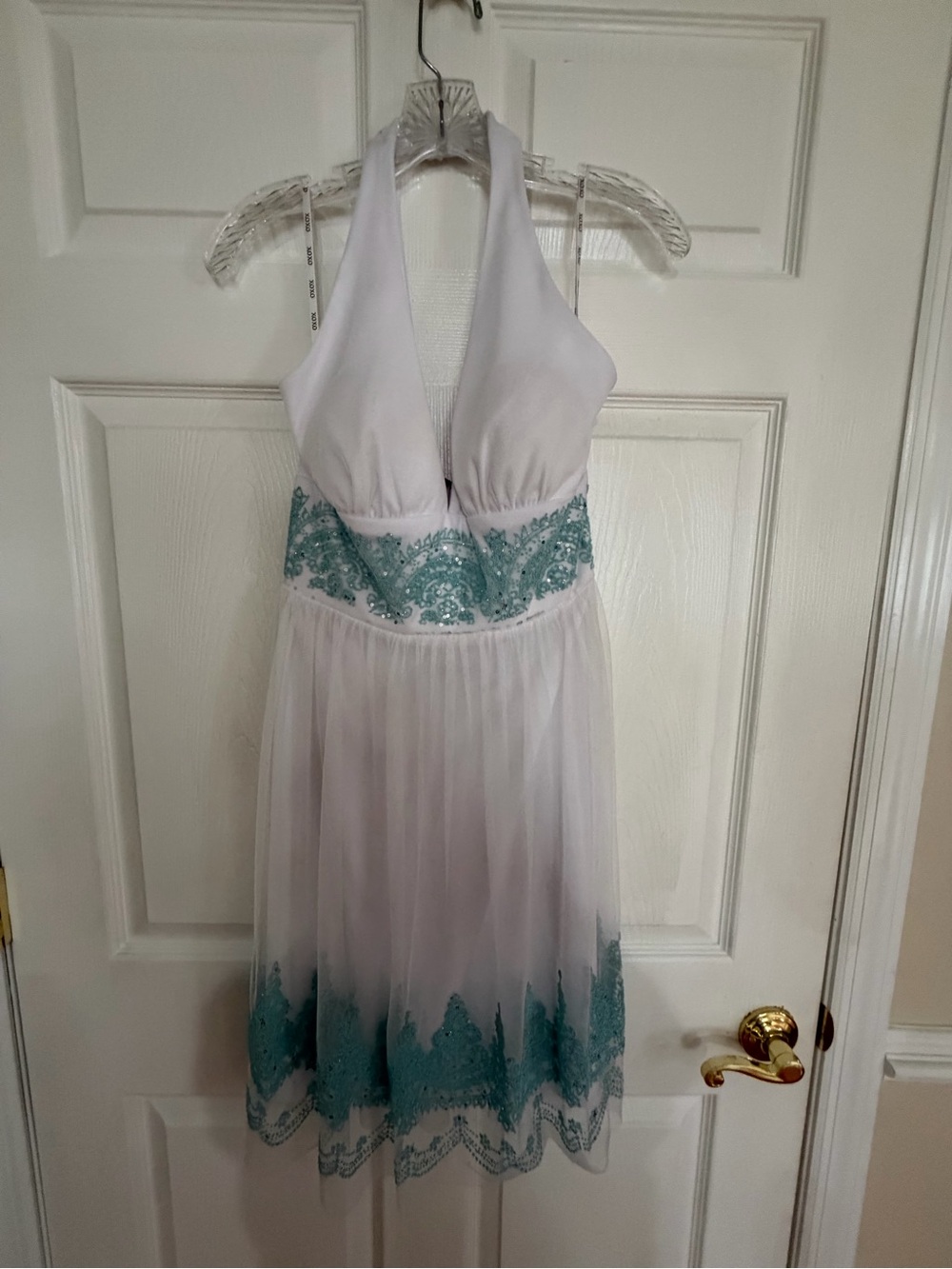 Women’s White Halter Dress with Teal beaded Accents